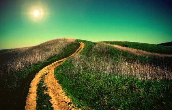 Road, the sky, grass, the sun, hills, horizon