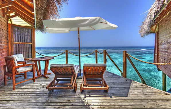 Summer, the ocean, The Maldives, resort, Bungalow, sun loungers