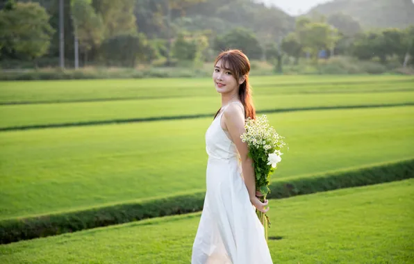 Grass, Beautiful, Asian, Model, Flowers, Smile, Woman, Bouquet