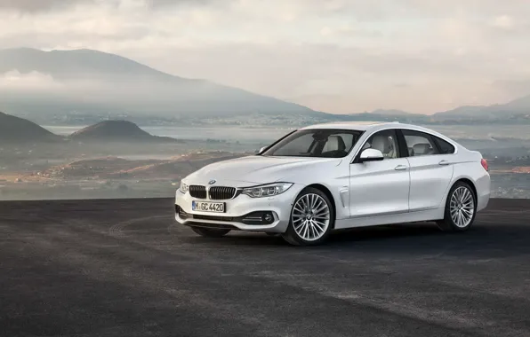 White, mountains, BMW, Gran Coupe, 2014, 4 Series