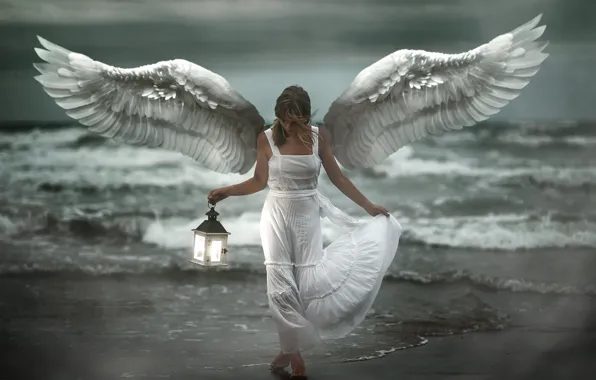 Picture sea, girl, shore, angel