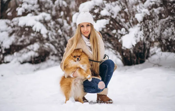 Picture winter, girl, snow, nature, puppy, walk