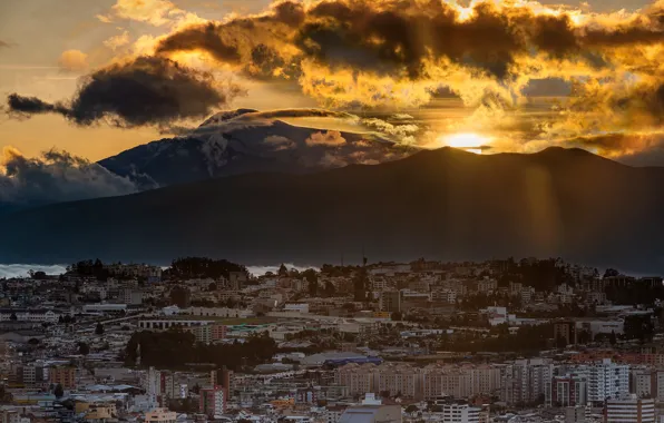 The sky, the sun, clouds, landscape, mountains, the city, dawn, home