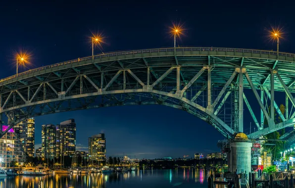 Night, bridge, the city, lights, reflection, river, skyscrapers, boats