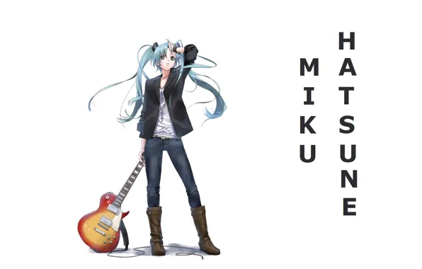 Picture guitar, jeans, boots, white background, vocaloid, hatsune miku, long hair, Vocaloid