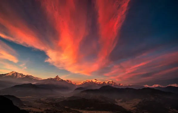 Mountains, dawn, valley, panorama, Tibet