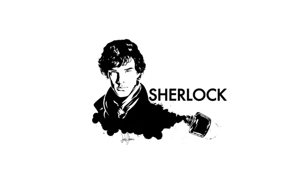 Picture white background, Sherlock Holmes, ink, Sherlock