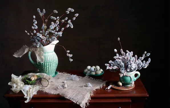 Picture branches, eggs, feathers, socket, mug, pitcher, still life, table