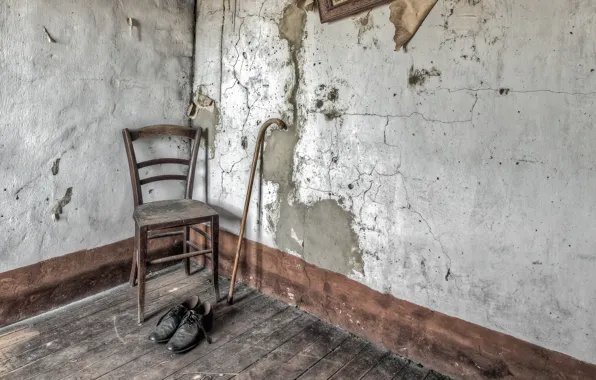 Shoes, chair, cane