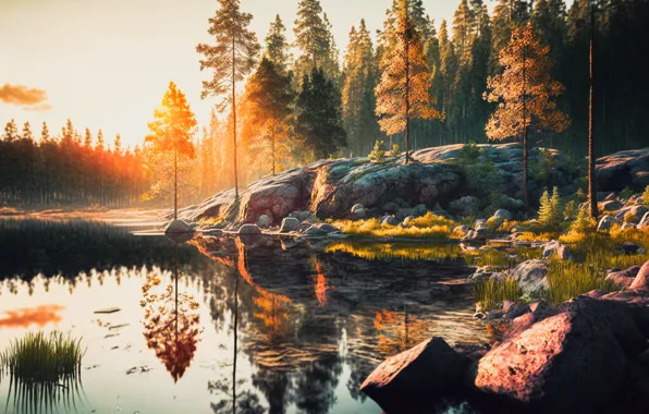 Forest, light, trees, landscape, nature, reflection, stones, rocks