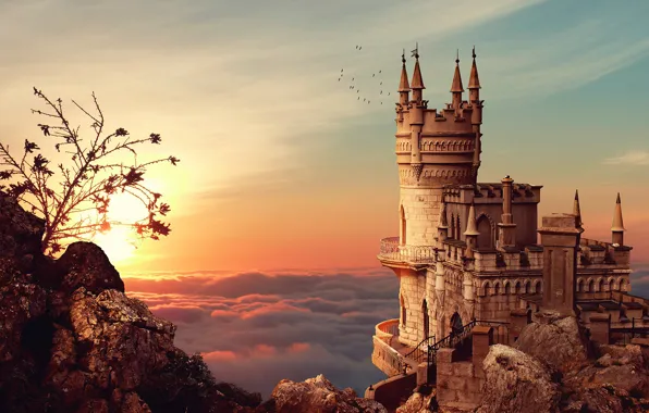 The sky, the sun, clouds, birds, fog, stones, castle, open