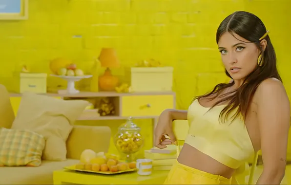 Girl, yellow, smile, model, brunette, artist, pose, Singer