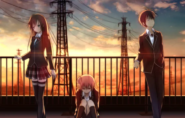 Sunset, girls, wire, anime, art, form, guy, students