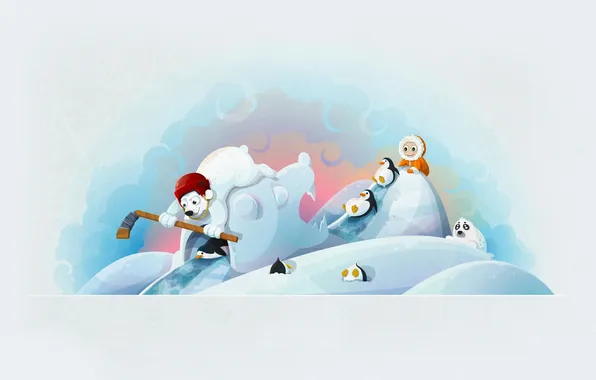 Winter, seal, bear, bear, penguin, stick, hockey, child