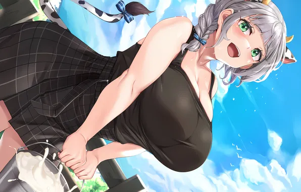 Girl, cleavage, horns, sky, green eyes, boobs, animal ears, anime