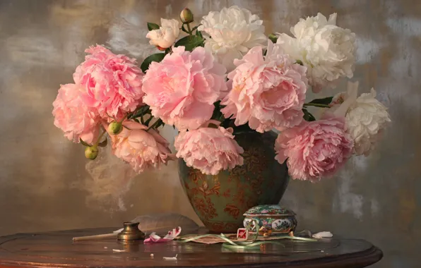 Pen, bouquet, box, ring, peonies