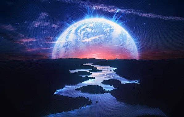 Sunset, River, Planet, Style, Landscape, River, Landscape, Planet