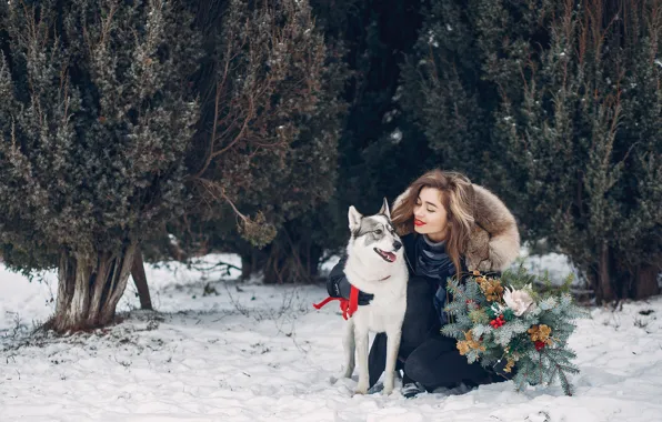 Winter, girl, snow, dog
