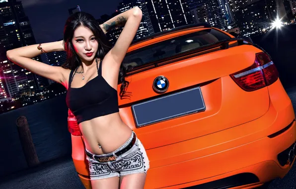 Auto, look, Girls, BMW, Asian, beautiful girl, leaning on the car
