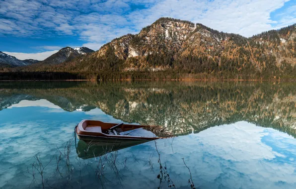 Forest, water, clouds, mountains, lake, reflection, blue, hills