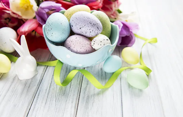 Flowers, eggs, spring, colorful, Easter, tulips, happy, wood