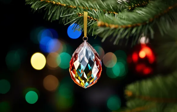 Crystal, branches, lights, the dark background, toy, drop, Christmas, New year