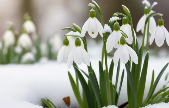 Winter, snow, flowers, nature, glade, spring, snowdrops, the snow