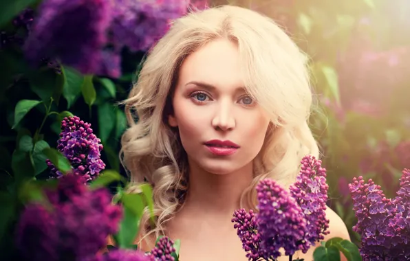 Picture look, flowers, branches, portrait, makeup, garden, hairstyle, blonde