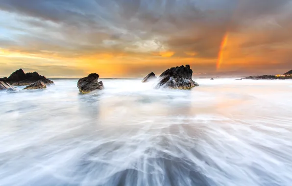 Sea, beach, clouds, stones, rainbow