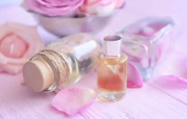 Perfume, petals, rose, pink, petals, pink roses, spa, oil