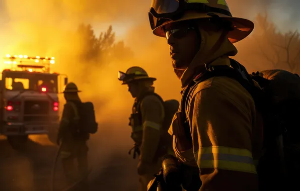 Trees, Fire, Machine, Fire, Truck, Men, Digital art, Fire truck