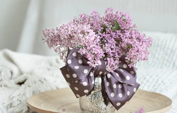 Flowers, bouquet, spring, plate, vase, plaid, bow, light background