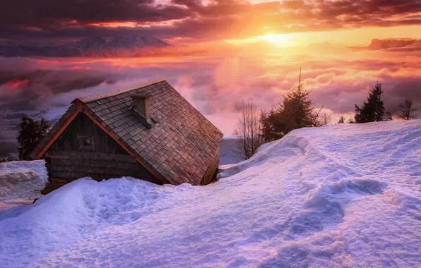 Picture winter, the sun, clouds, light, snow, mountains, house