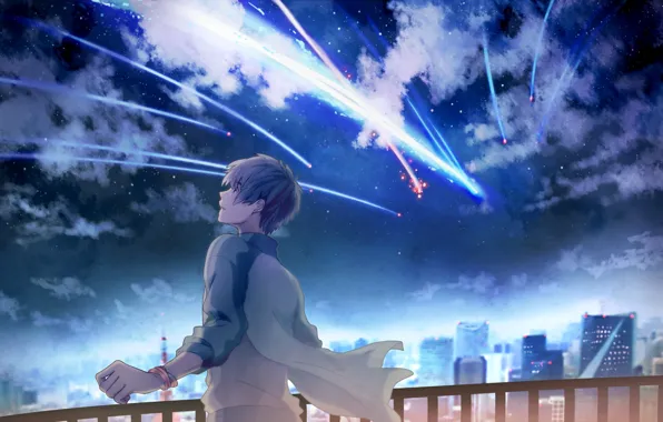 The sky, stars, clouds, night, the city, home, anime, art