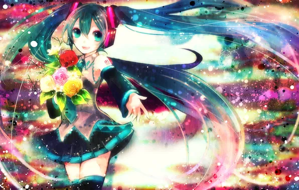 Girl, flowers, roses, colorful, art, vocaloid, hatsune miku, Vocaloid