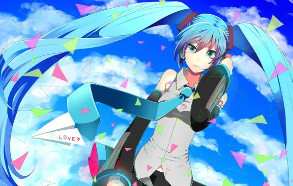 Girl, clouds, paper, triangles, tears, art, love, vocaloid