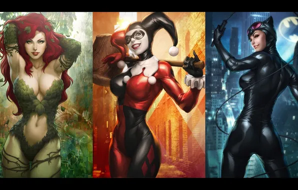 Picture DC Comics, Catwoman, Harley Quinn, Poison Ivy