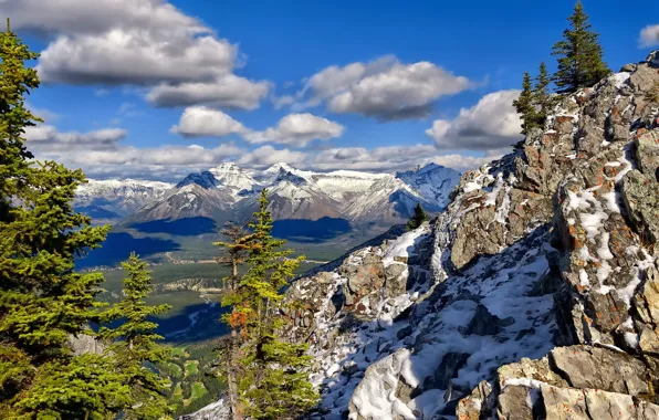 Clouds, trees, mountains, Banff National Park