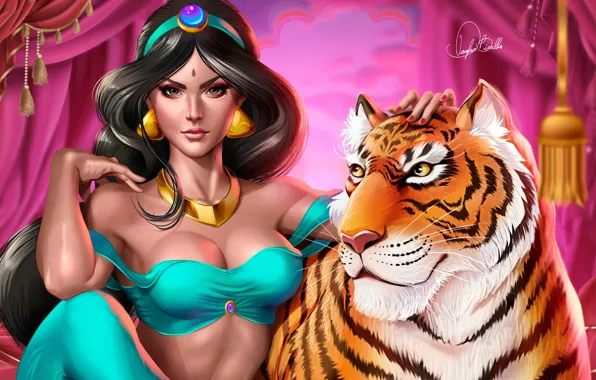 Girl, Tiger, The moon, Fantasy, Art, Art, Jasmine, Aladdin