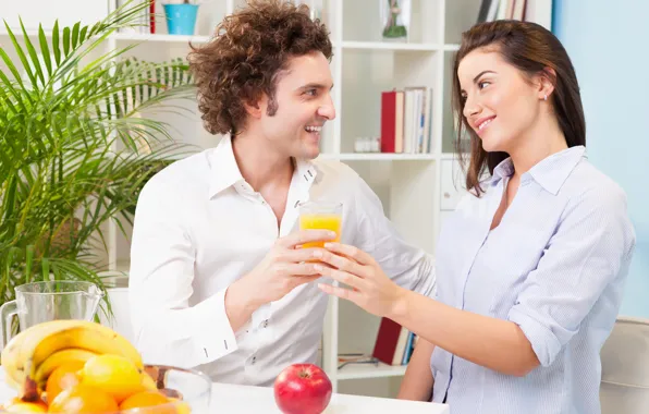 Girl, glass, table, lemon, apples, plant, orange, juice