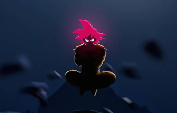 The dark background, dragon, ball, fan art, goku, glowing eyes, a solitary figure, bright hairstyle