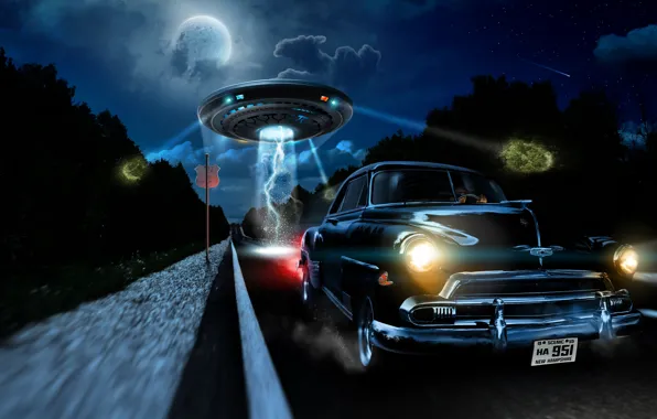 Night, Retro, Track, Night, Road, Retro, UFO, Route