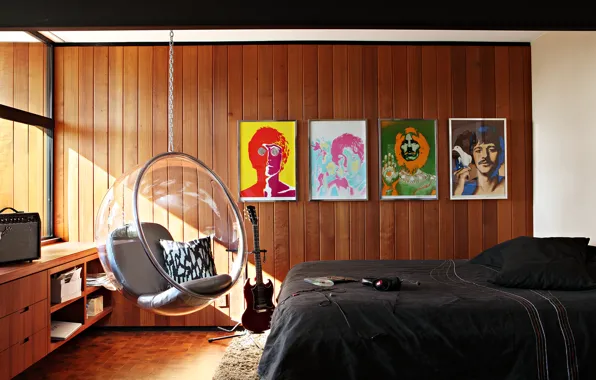 Guitar, bed, interior, chair, photos, bedroom, The Beatles