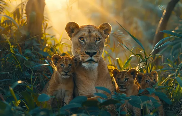 Leaves, Lioness, Kittens, Face, The Rays Of The Sun, Digital art, Big cat, Cubs