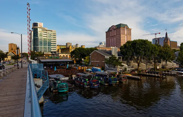 Building, Marina, boats, Wisconsin, USA, Milwaukee River