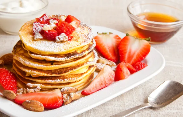 Berries, strawberry, nuts, pancakes, pancakes
