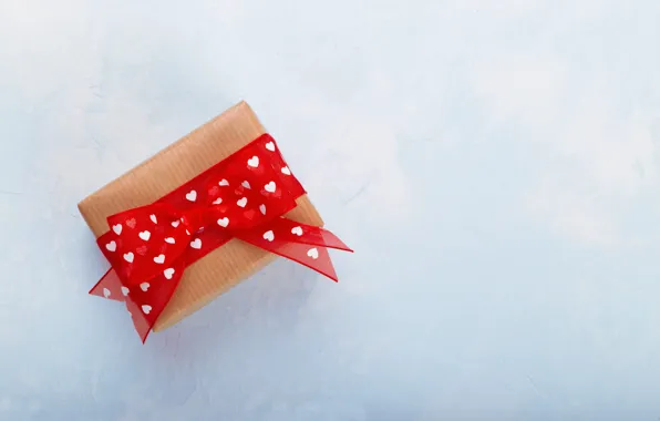 Red, holiday, box, gift, hearts, bow, blue background, Valentine's Day