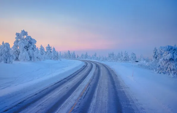 Winter, road, forest, the sky, clouds, snow, trees, landscape