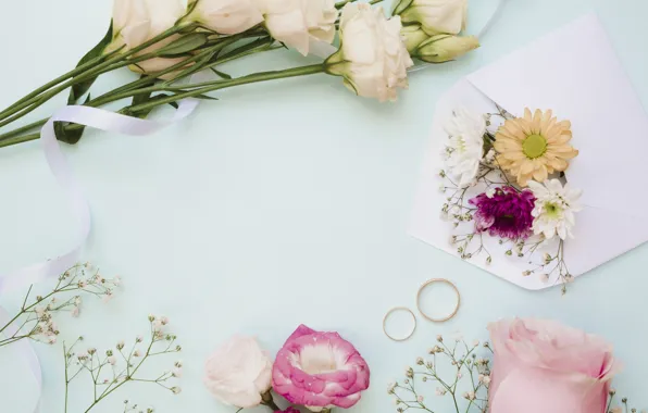 Flowers, roses, bouquet, ring, pink, flowers, roses, wedding