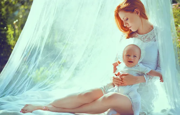 Picture summer, nature, woman, barefoot, baby, child, veil, baby